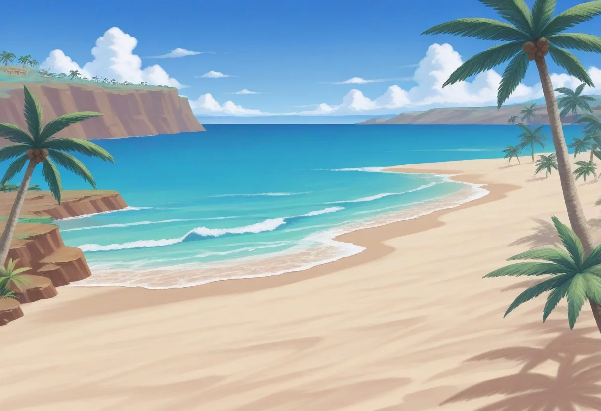 best quality, masterpiece, amazing quality, very aesthetic, absurdres,
landscape, outdoors, no humans, beach, ocean, sky, clouds, palm tree, cliffs