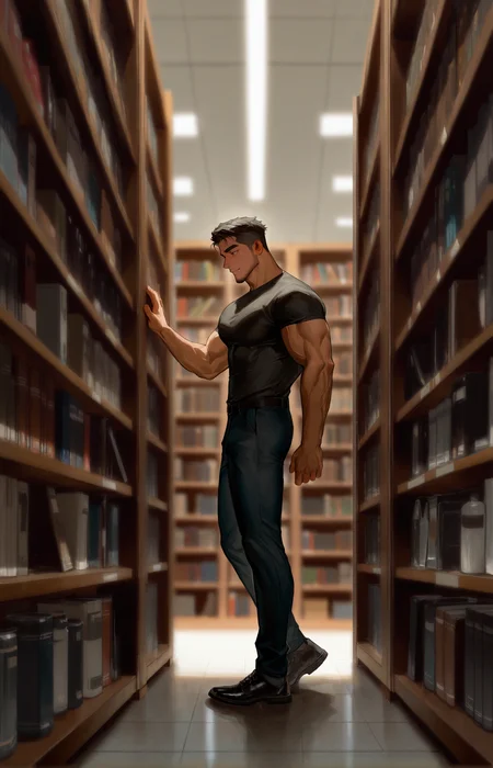 <lora:Random_style_lora_Illustrious:1>, ((rtxon, scenry, depth of field, wide shot, library)), man, ,, masterpiece,best quality,amazing quality,very aesthetic,high resolution,ultra-detailed,absurdres,
solo, male focus, muscular male, muscular male, bara, mature, (very short hair, beard, bara, mature, facial hair, stubble), facial hair, bara, mature,
aixiwuganda_(20222192), very awa, masterpiece, best quality, absurdres, newest, perfect quality, detailed background, intricate details,
<lora:slider_Body Type_alpha1.0_rank4_noxattn_last:2><lora:style_Anime Summer Days 2 Style SDXL_LoRA_Pony Diffusion V6 XL:.6><lora:slider_cfg_scale_boost:.7><lora:Artist6p:.55> Artist6p, Artist04p,<lora:slider_il_brightness_slider_d1:-1><lora:slider_il_contrast_slider_d1:-1><lora:slider_DarkSlider1.2_alpha1.0_rank16_full_300steps:-.6>