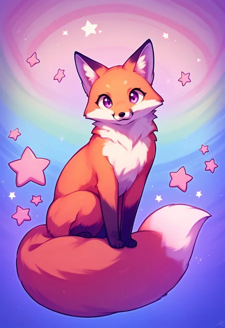 score_9, score_8_up, score_7_up,  BREAK fox, f0x, feral, cute, spiral rainbow swirl background, pink stars, purple blue gradient