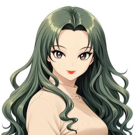 simple background, white background, 
1girl, solo, face focus, light smile, closed mouth, looking at viewer, from side, 
oc03glwHbEnS, dark green hair, long hair, wavy hair, forehead, light brown eyes, detailed eyes, lipstick, 
beige shirt,