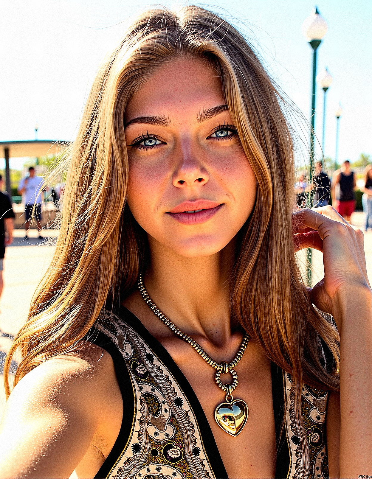 An upper body image of a beautiful young lady, wavy hair, bright silver eyes, and bold eyeliner. She has fake nails,  and her lips are shiny and full. She wears an amulet heart, rimless eyewear,  and a helix piercing. The extreme realism focuses on her detailed skin, showing fine textures and natural highlights.

The background is open area with Families flying kites in open city, Small groups of people playing instruments in parks

Her outfit are Loose-fitting kaftan dress with intricate patterns and earthy tones

Subtle skin pores and natural texture on the face and neck, Realistic light reflections on the surface of the eyes, Slightly raised veins visible under the skin on the neck, Subtle veins visible on the eyelids under certain lighting, Realistic reflection of light on the glossy lips, following their curvature, Soft reflections on the necklace, enhancing its metallic look, Soft shadows under the lower lip, enhancing depth and form, slight noise effect to add texture and realism to the image.a slight sheen of sweat or natural skin oil to areas like the forehead and nose.Apply subsurface scattering to the skin to simulate the way light penetrates and scatters within it, enhancing realism.

Pretending to take a selfie, holding her hand out and smiling cheerfull, 


















 









































