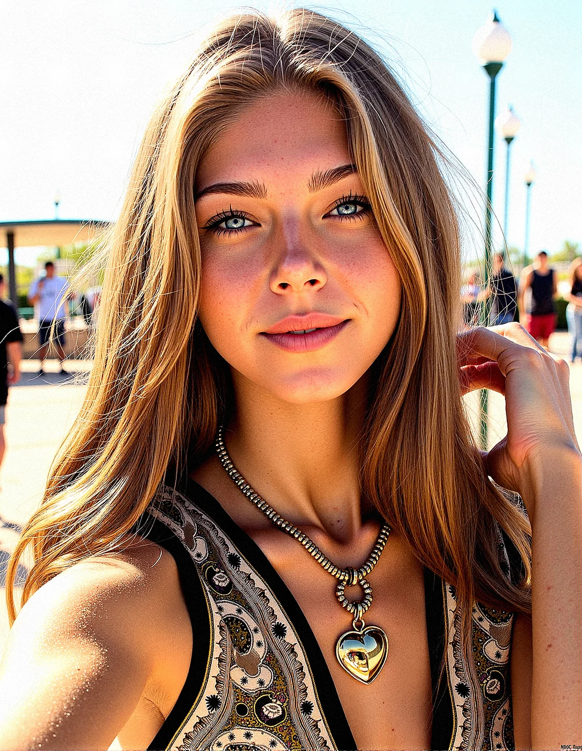 An upper body image of a beautiful young lady, wavy hair, bright silver eyes, and bold eyeliner. She has fake nails, and her lips are shiny and full. She wears an amulet heart, rimless eyewear, and a helix piercing. The extreme realism focuses on her detailed skin, showing fine textures and natural highlights.
The background is open area with Families flying kites in open city, Small groups of people playing instruments in parks
Her outfit are Loose-fitting kaftan dress with intricate patterns and earthy tones
Subtle skin pores and natural texture on the face and neck, Realistic light reflections on the surface of the eyes, Slightly raised veins visible under the skin on the neck, Subtle veins visible on the eyelids under certain lighting, Realistic reflection of light on the glossy lips, following their curvature, Soft reflections on the necklace, enhancing its metallic look, Soft shadows under the lower lip, enhancing depth and form, slight noise effect to add texture and realism to the image.a slight sheen of sweat or natural skin oil to areas like the forehead and nose.Apply subsurface scattering to the skin to simulate the way light penetrates and scatters within it, enhancing realism.
Pretending to take a selfie, holding her hand out and smiling cheerfull,