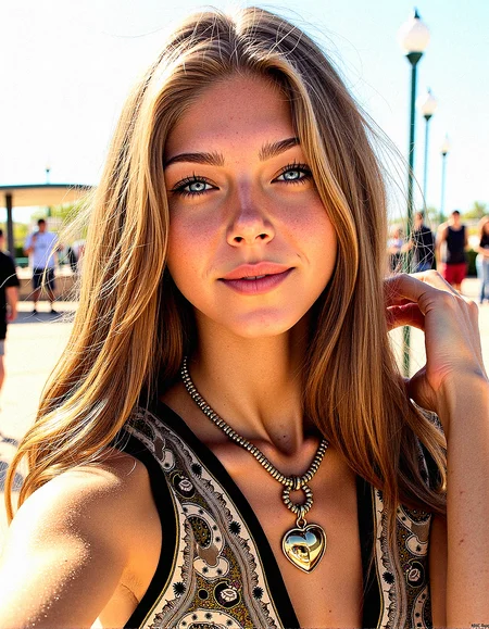 An upper body image of a beautiful young lady, wavy hair, bright silver eyes, and bold eyeliner. She has fake nails, and her lips are shiny and full. She wears an amulet heart, rimless eyewear, and a helix piercing. The extreme realism focuses on her detailed skin, showing fine textures and natural highlights.
The background is open area with Families flying kites in open city, Small groups of people playing instruments in parks
Her outfit are Loose-fitting kaftan dress with intricate patterns and earthy tones
Subtle skin pores and natural texture on the face and neck, Realistic light reflections on the surface of the eyes, Slightly raised veins visible under the skin on the neck, Subtle veins visible on the eyelids under certain lighting, Realistic reflection of light on the glossy lips, following their curvature, Soft reflections on the necklace, enhancing its metallic look, Soft shadows under the lower lip, enhancing depth and form, slight noise effect to add texture and realism to the image.a slight sheen of sweat or natural skin oil to areas like the forehead and nose.Apply subsurface scattering to the skin to simulate the way light penetrates and scatters within it, enhancing realism.
Pretending to take a selfie, holding her hand out and smiling cheerfull,
