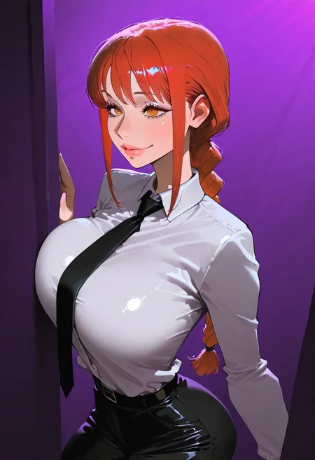 1girl, solo, makima \chainsaw man\, red hair, long hair, ringed eyes, braided ponytail, white collared shirt, black necktie, black pants,
looking at viewer, smiling, closed mouth,
hiding, in macabre Cursed, moonlit hilltop,artist:Matsuba10,matumot,kim hyung tae,
dynamic angle, dynamic motion, creepy, horror,fenner, trippy,,absolutely eye-catching,,extremely detailed,, good composition, masterpiece, best quality, very aesthetic, very awa, absurdres, newest,
masterpiece, best quality, amazing quality, very aesthetic, absurdres, newest, , photorealistic,  <lora:incase_new_style_red_ill>, ExpressiveH, shiny skin, black bra under clothes, beautiful lips, sexy lips, shiny lips, purple lights, purple mood