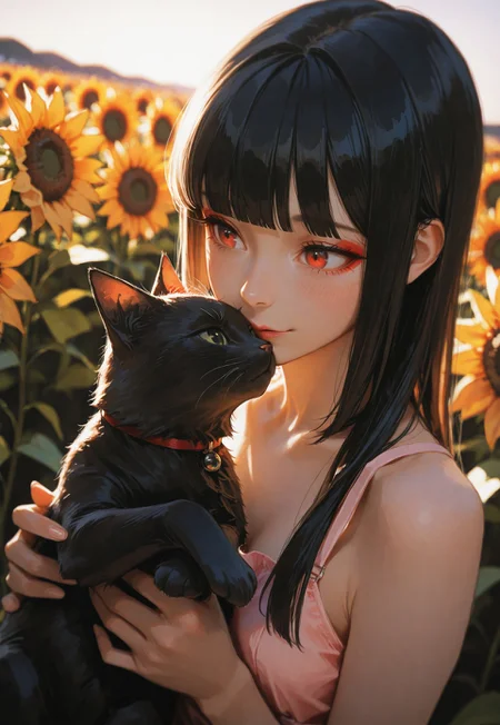 masterpiece, ultra-HD, cinematic lighting, photorealistic, impressionism (1.5), high detail, depth of field, (blurred background), (dramatic lighting),masterpiece, best quality, very aesthetic,8k,masterpiece, best quality,realistic, masterpiece, best quality, 8k, 
, simple_background, , 
, half close-up, sexy pose, long black hair, straight hair,blunt bangs, red eye makeup,
blushing, asian girl, small head, pretty girl, korean girl, extacy on face,
((slim body)), (small breasts), Dynamic angle, Dynamic pose, sfw, portrait,
girl, pastel pink sundress, in a field of sunflowers. holding black cat. smiling. happy. sunset