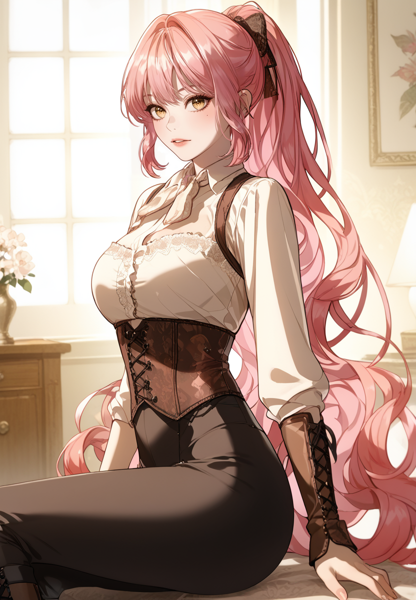 zPDXL3, score_9_up, score_8_up, score_7_up, (Anime_source),Masterpiece,(perfect female body:1.2), small waist, (incredibly detailed:1.4), slim, beautiful fingers, beautiful white skin, Beautiful clear skin, (large breasts:1.4) looking at viewer, big breasts, ass, perfect ass,    <lora:Cherry_Sinclair_-_The_Male_Leads_are_Trapped_in_My_House-Kaleid_PONY:0.8>cherrysinclair, 1girl, pink hair, yellow eyes, very long hair, ponytail, corset, black pants, high boots, brown boots, white shirt