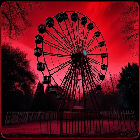 <lora:SurrealHorrorMovieSDXL:1> Surreal Retro Horror movie Still, The image shows a ferris wheel in the middle of a park surrounded by a fence and a building with trees in the background and a red sky above., border, no humans, outdoors, black border, red sky, red theme, tree, building, scenery, sky