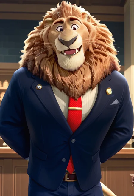 core_9, score_8_up, score_7_up, score_6_up, score_5_up, score_4_up, detailed background, detailed face, lion, anthro, male, bar, bara, leodore lionheart, lion moustache, antro, furry, Disney style, goose eyebrows, tie, small eyes, surprised expression, muscular, blue trousers, lion's tail, smile, Zootopia style, blue jacket