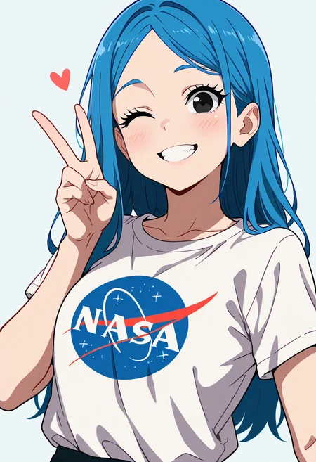 masterpiece, best quality, 1girl, solo, eyelashes, (beautiful eyes), looking at viewer, smile, N4S4, 1girl, long hair, looking at viewer, smile, simple background, blue hair, upper body, one eye closed, grin, black eyes, v, ,<lora:NASAShirtAnime_IXL_v1:1.0>,