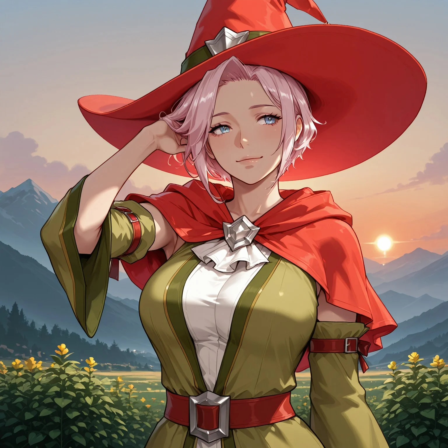 safe_pos, safe_pos, masterpiece, best quality, newest, realistic, solo, smile, blush, 1girl, upper body, standing, hand on hair, Xania, huge breasts, blue eyes, white hair, pink hair, short hair, defaultxania, red hat, witch hat, oversized hat, red cape, detached sleeves, green dress, BREAK Garden, sunset, mountainous horizon