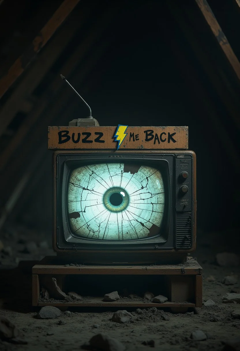A hyperrealistic rendering of a seemingly abandoned, antique television set, sitting alone in a dimly lit, dust-filled attic. The TV screen is cracked and flickering erratically, displaying distorted, static-filled images that seem to shift and change when not directly observed. On the screen, barely visible through the static, is a single, staring eye that appears to follow the viewer's movements. Scrawled across the top of the TV set in what appears to be dried blood are the words "Buzz Me Back," and the yellow and blue thunderbolt symbol is crudely etched into the dusty wooden frame. The attic itself is filled with cobwebs and indistinct shapes, barely visible in the shadows, creating a sense of claustrophobia and dread. A faint, almost imperceptible buzzing sound emanates from the TV, adding to the unsettling atmosphere. Ultra-high definition, medium shot, focusing on the flickering screen, the unsettling message, and the overall sense of decay and forgotten menace.
