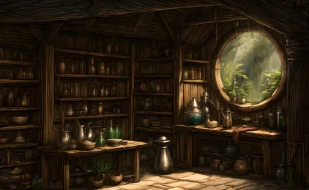 medieval, interior, medieval interior, wooden interior, table, chair, big black cauldron, shelves, books, scrolls, window covered with thin see-through animal hides, (jars filled with mysterious ingredients for brewing potions with:0.4), herbs, a small pestle and mortar, 
HD, very detailed, ambient lighting,
<lora:more_details:1> <lora:Bloodborne:0.25> ,   <lora:FantasyInteriors:0.4> fanint <lora:FantasyStudy:0.4> fanstu