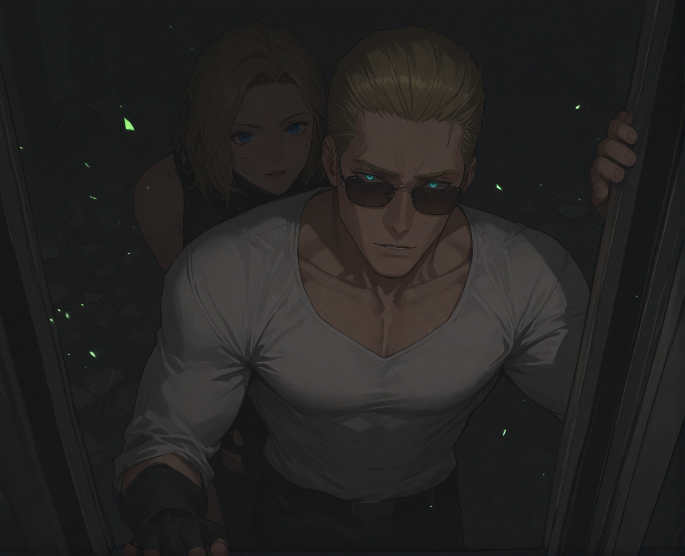 PonyScores7, source_anime, ah, 1IllustriousQual, interesting, exciting, spectacular, wonderful,
BREAK ((from above), focus on chest),
BREAK <lora:albertwesker-guy-PONYv1:0.8>, albertwesker, 1boy, toned, athletic, fit, mature male,  angular face, sharp_featured face, handsome, charming, alluring, <lora:shinyskin2:0.2>, glistening skin, AS-MidAged,
BREAK slicked back hair, short hair, blonde, <lora:hairdetailpxl:0.2>, hairdetailpxl, 
BREAK blue eyes, <lora:expressive eyes:0.2>, expressive eyes, <lora:eyedetailpxl:0.2>, eyedetailpxl, <lora:Eyes_High_Definition:0.2>, EyesHD,
BREAK (A swirling vortex of emerald green energy coalesces around a man's hands, then explodes outward, sending shards of rock and splintered wood flying like a miniature emerald hurricane),
BREAK (Two men, dressed as superheroes for a comic convention, get stuck in the revolving door at the entrance, Their flowing capes tangle together, causing them to spin helplessly as a line of costumed attendees forms behind them, erupting in giggles),
BREAK focused, intense glare, apathetic, contemptuous, <lora:Expressive_H:0.2>, Expressiveh, looking at viewer, <lora:Emotional_Anime_Expressions_PonyXL_Concept:0.2>, emotional, <lora:Best_Facial_Expression_LoRA_PONY:0.2>, <lora:Detailed expressive EXEV style -XL Pony V1.0:0.2>, FaceDetail,
BREAK (pewter blue faerie glamour armor, illusion crown), (sunglasses:1.3), 
BREAK <lora:xl_more_art-full_v1:0.2>, <lora:aesthetic_anime_v1s:0.2>, <lora:EpicF4nta5yXL:0.2>, <lora:detailxl:0.2>, detailxl, <lora:Fant5yP0ny:0.2>, best quality, amazing quality, best aesthetic, absurdres, illustration, Volumetric_Lighting, ultra-detailed, very aesthetic, intricate details, 8k, masterpiece, best_quality,
BREAK Stable_Yogis_PDXL_Positives, AS-Adult, <lora:Complicated fantasy portrait - XL Pony V2.0:0.2>, bad-hands-5, <lora:HDA_Detailer:0.3>,