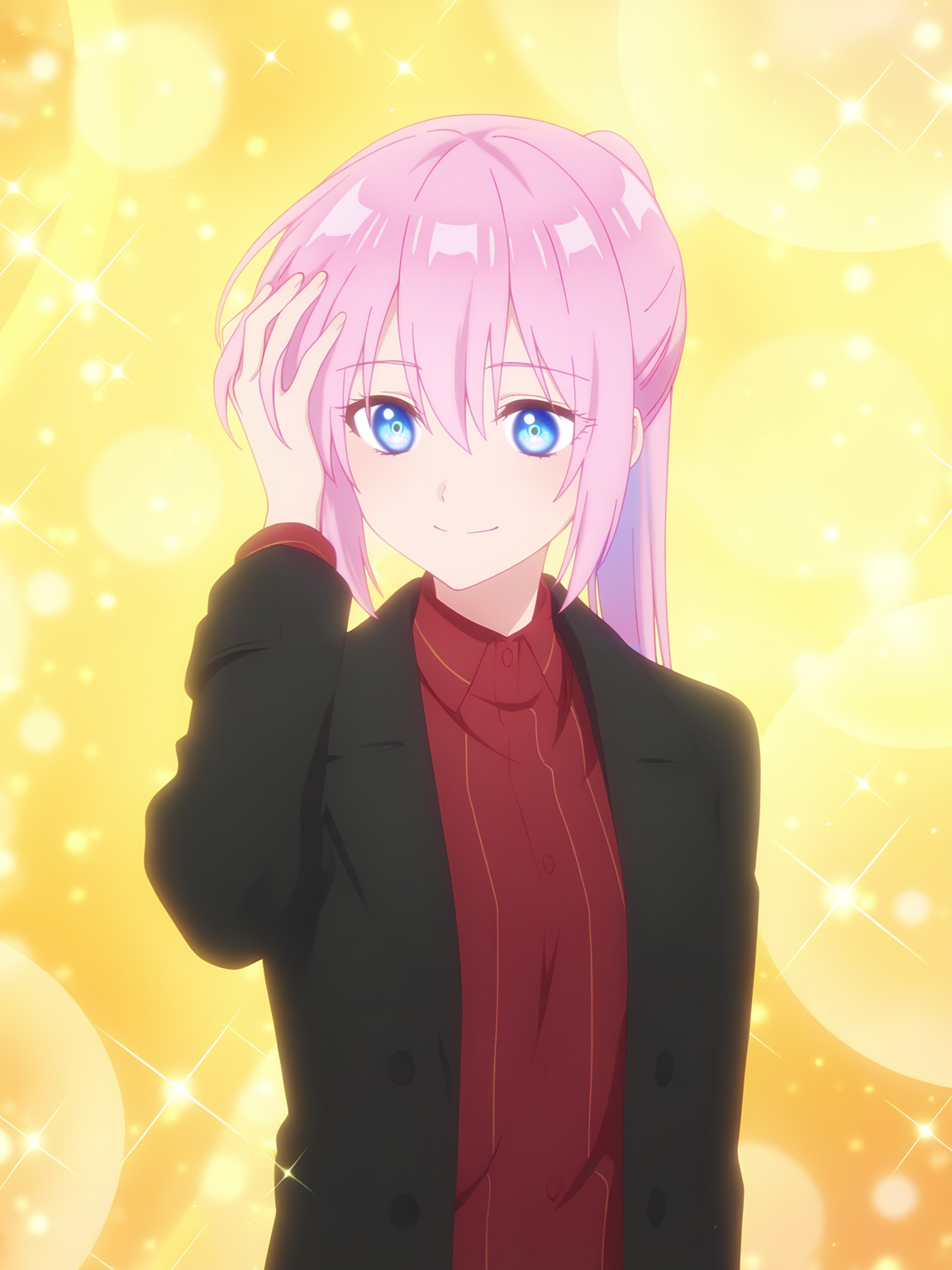 <lora:Shikimori_from_Shikimoris_Not_Just_a_Cutie_Multiple_Outfits:0.8>shikimori, 1girl, solo, blue eyes, pink hair, ponytail, open long black coat, red striped shirt, calm expression, closed mouth, happy, standing, hand on hair, yellow magic background, particles, effects, high contrast, bright lighting