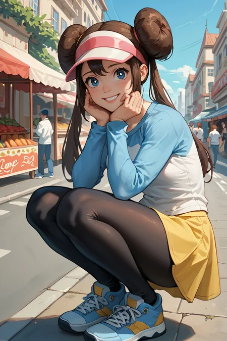 zPDXL3, <lora:Rosa_Pony:.8>
rosa, woman, visor, blue eyes, hair buns, twintails, raglan sleeves, white shirt, blue sleeves, yellow shorts, pantyhose, blue shoes, looking at viewer, smiling, squatting, knees together, hands under chin, outside, street, market, city, blue sky,
