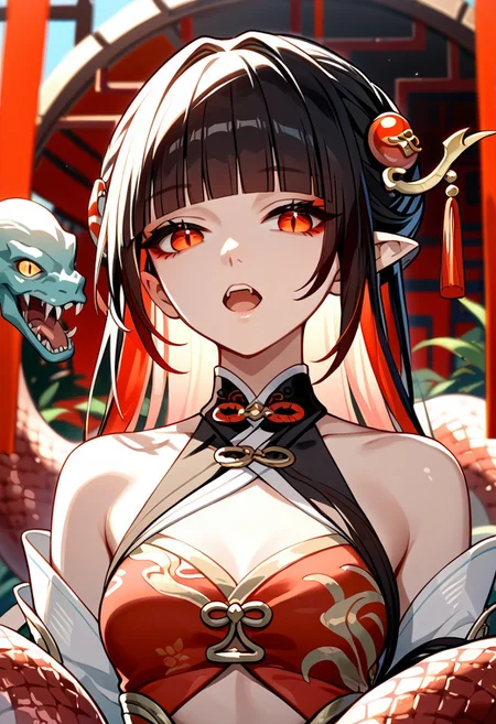 score_9,score_8_up,score_7_up,source_anime,LINGSHA_(NVWA),1girl,solo,open mouth,hair ornament,bare shoulders,upper body,blunt bangs,chinese clothes,portrait,colored inner hair,MONSTER_GIRL,LAMIA,
