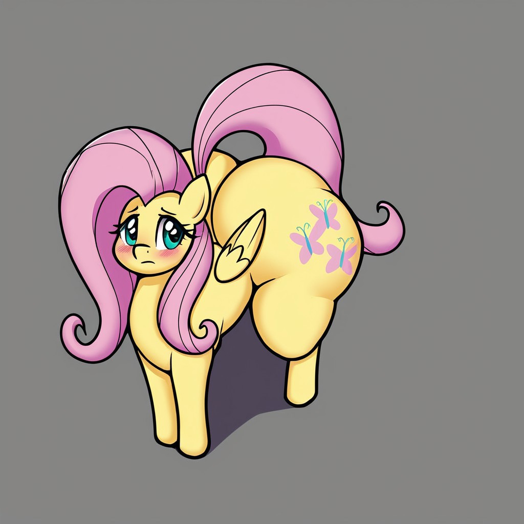 Fluttershy,Wings, Wide hips,feral pony,blushing,shading,masterpiece,pony form,allfours,perfect body, good anatomy,curvy body, big butt,solo female ,Huge Butt, feral Pony,Dongitos Style,hooves