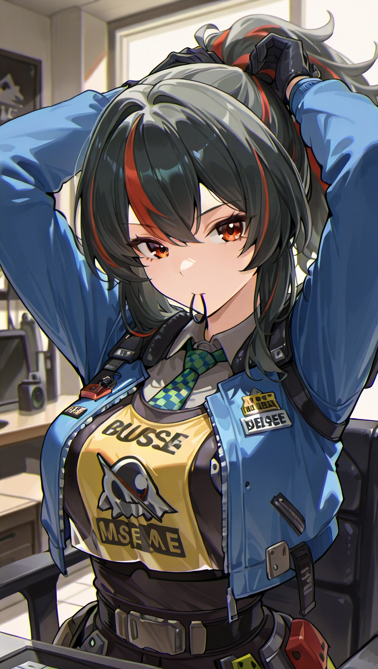 1girl, alternate costume, arms up, black gloves, black hair, breasts, chair, clothes writing, eyebrows visible through hair, gloves, jacket, long hair, long sleeves, looking at viewer, multicolored hair, necktie, ponytail, red hair, shirt, solo, streaked hair, tying hair, upper body <lora:Zhu Yuan ZZZ:1>