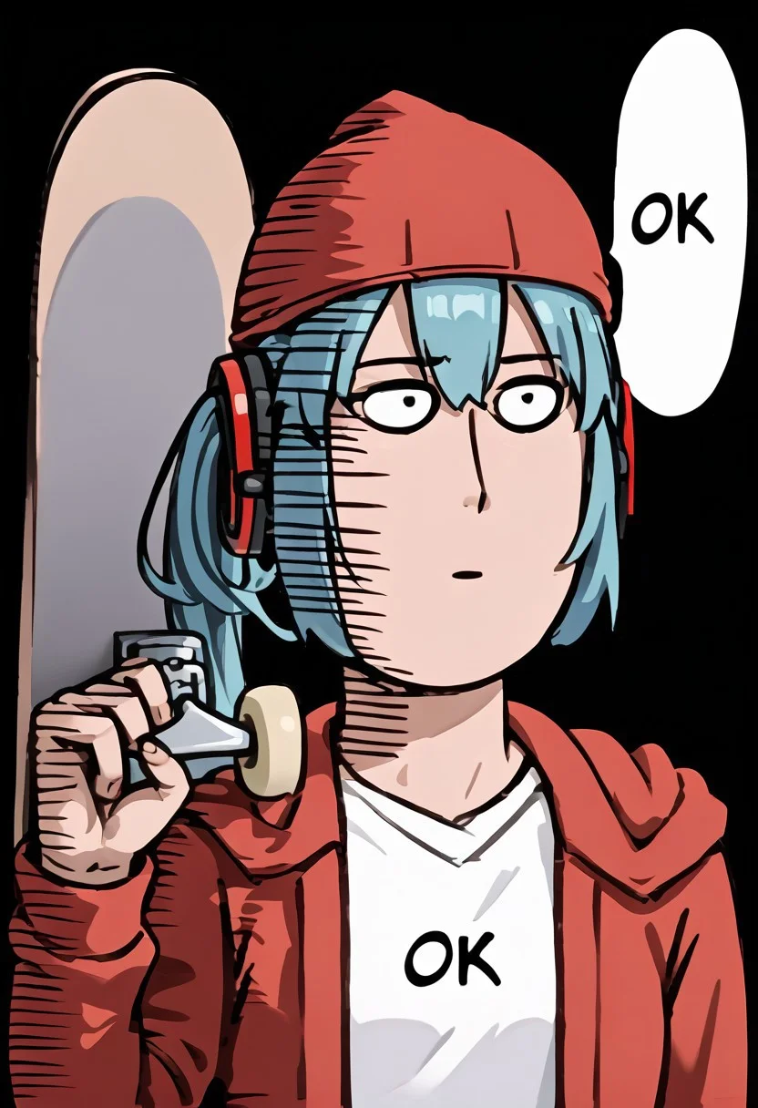 score_9, score_8_up, score_7_up, 1girl, holding skateboard, upper body, red jacket, red headwear, hood, Hatsune Miku, onepunchman_meme, speech bubble, english text, meme, parody, parallel lines, impact lines, purple gradient background, side view,
onepunchman_meme, white speech bubble, english text, meme, parody, parallel lines, impact lines, simple background, white background, side view,
onepunchman_meme, monochrome, greyscale, white speech bubble, english text, meme, parody, parallel lines, impact lines, simple background, black background, side view