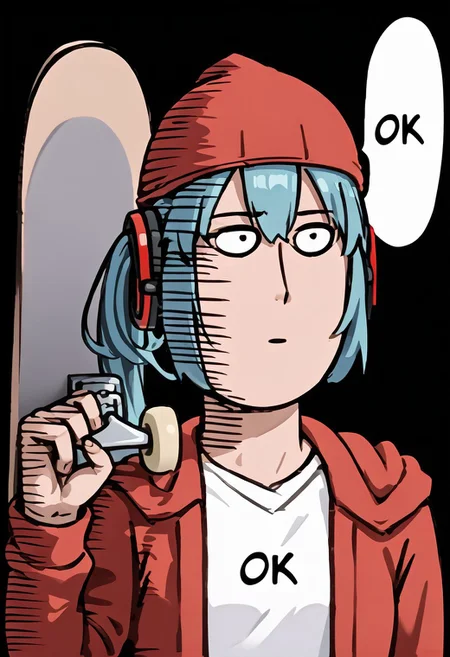 score_9, score_8_up, score_7_up, 1girl, holding skateboard, upper body, red jacket, red headwear, hood, Hatsune Miku, onepunchman_meme, speech bubble, english text, meme, parody, parallel lines, impact lines, purple gradient background, side view,
onepunchman_meme, white speech bubble, english text, meme, parody, parallel lines, impact lines, simple background, white background, side view,
onepunchman_meme, monochrome, greyscale, white speech bubble, english text, meme, parody, parallel lines, impact lines, simple background, black background, side view