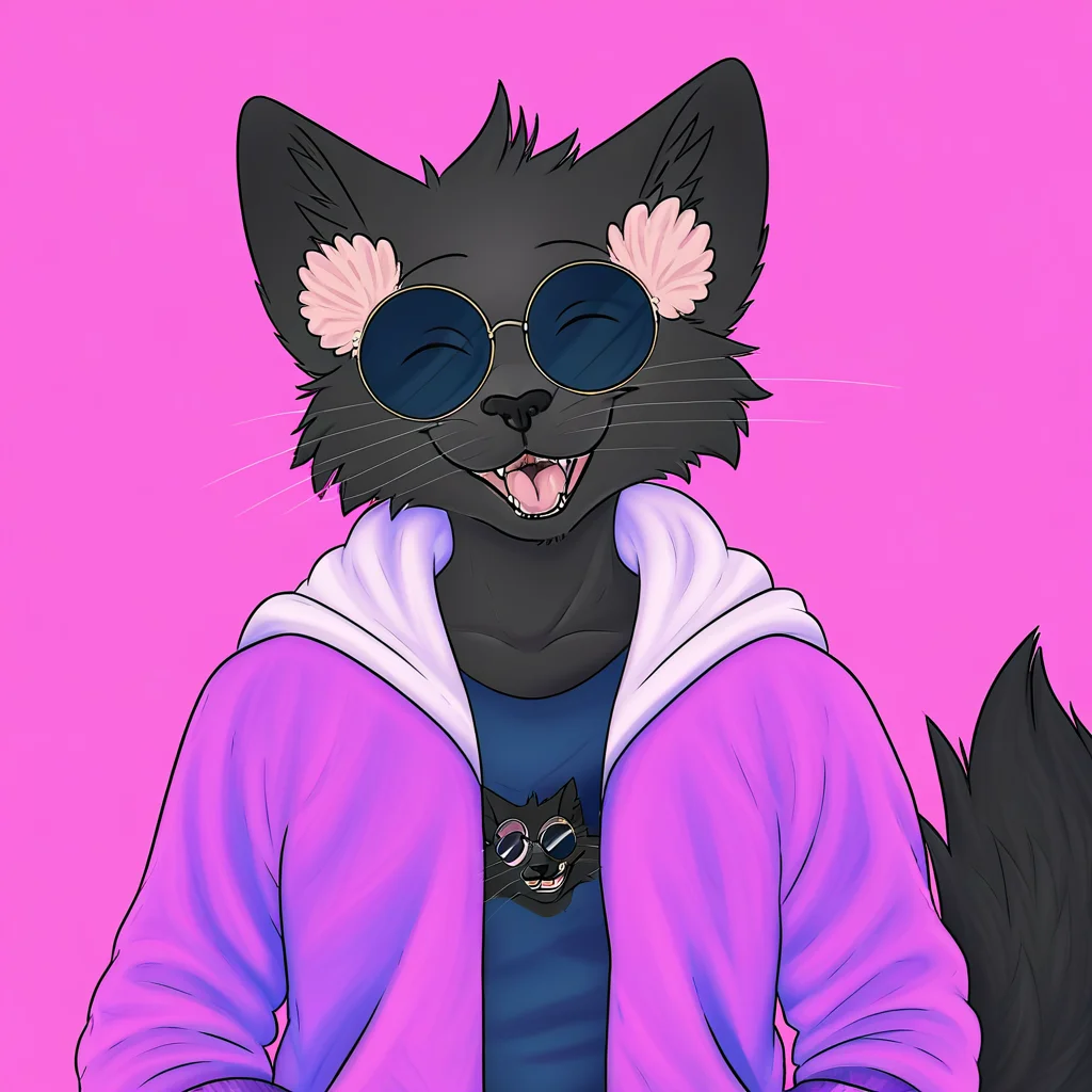 anthro, Anthro, feline nose, furry, Smiling, fluff on ears, Round solar glasses, pink tongue, fluffy tail, blue t-shirt, black nose, black fur, pink and purple jacket, white hood, purple and pink jacket, black nose