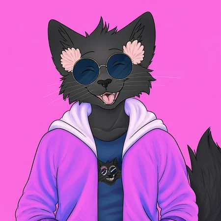 anthro, Anthro, feline nose, furry, Smiling, fluff on ears, Round solar glasses, pink tongue, fluffy tail, blue t-shirt, black nose, black fur, pink and purple jacket, white hood, purple and pink jacket, black nose
