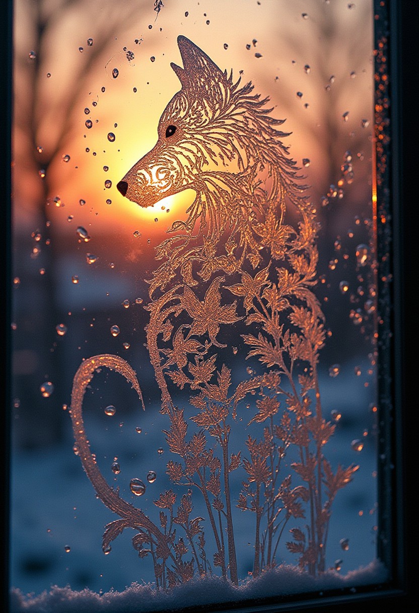 drawing on the window with one frosted line in the form of a curled up wolf on the window, beautiful, aesthetic, sunset, fractal frost, floral patterns, octane rendering, intricate details, hyper-realistic, hyper-detailed, ultra-sharp, professional photoshoot, chiaroscuro lighting, bright vivid color