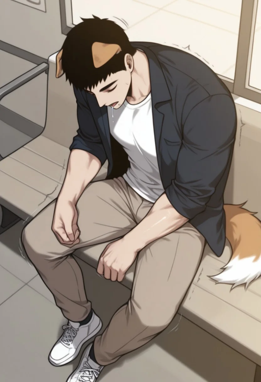 masterpiece, best quality, amazing quality, very aesthetic, absurdres, newest, detailed background, warm natural lighting, lively and bustling atmosphere, background details visible, shiny skin, indoor, train station, chinese background, 
hyunsunglee, 1boy, solo, male focus, short hair, sleeping, muscle body, t-shirt, blazer, brown pants, sneaker, saliva, sitting on bench, motion lines, twitching, ((dog ear:1.2), (long dog tail:1.2), corgi)