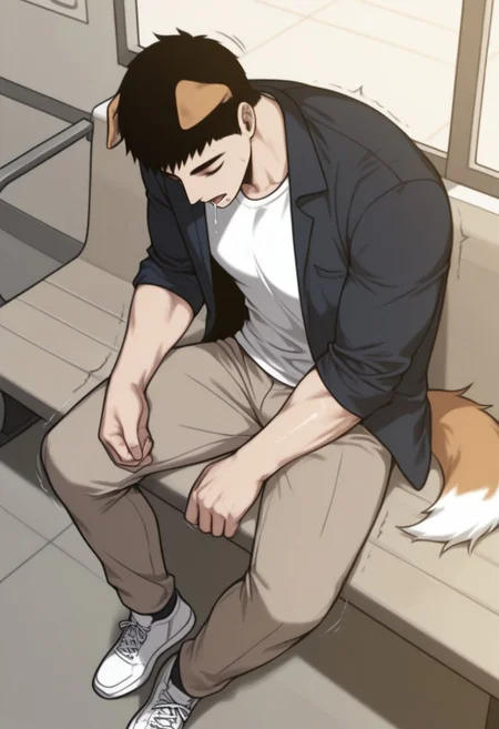 masterpiece, best quality, amazing quality, very aesthetic, absurdres, newest, detailed background, warm natural lighting, lively and bustling atmosphere, background details visible, shiny skin, indoor, train station, chinese background, 
hyunsunglee, 1boy, solo, male focus, short hair, sleeping, muscle body, t-shirt, blazer, brown pants, sneaker, saliva, sitting on bench, motion lines, twitching, ((dog ear:1.2), (long dog tail:1.2), corgi)