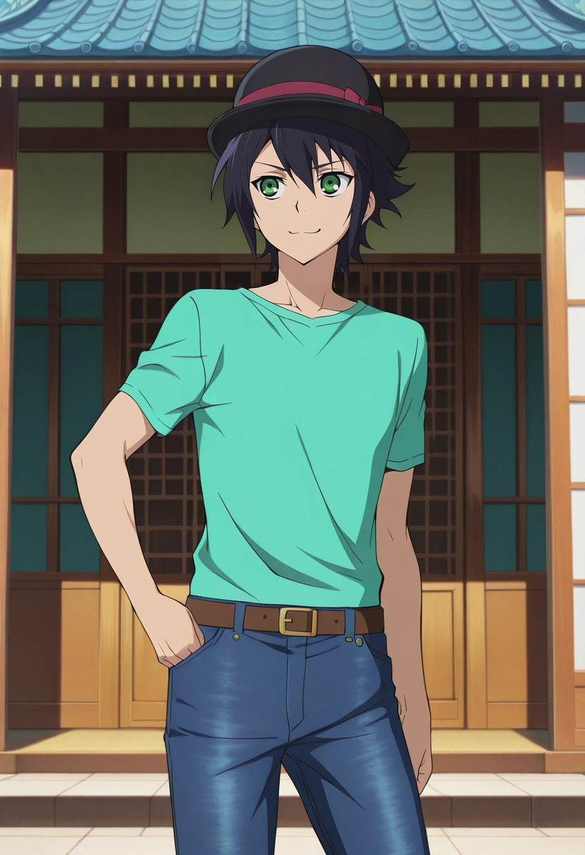 masterpiece, best quality, , anime screencap, anime coloring, official style, , 1boy, solo, male focus, <lora:yuuichirou_hyakuya_ilxl:0.98>, yuuichirou_hyakuya, black hair, green eyes, short hair, hair between eyes, , , wide angle, wide shot, cowboy shot, east asian architecture, day, (pose), giggling, Carpenter jeans, Thermal shirt, High-top sneakers, Bowler hat, and