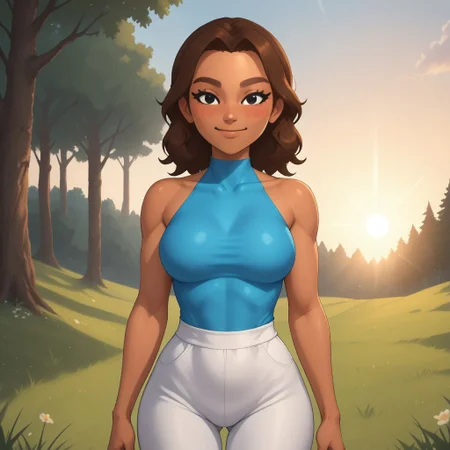 score_9, score_8, BREAK, solo, mii, wii, wii sports, 1girl, female mii, brown hair, black eyes, black eyeshadow, brown eyebrows, blush, dark skin, cyan clothing, white pants, shoes, nintendo mii, modern_mii, classic_mii, breasts, Na_rae_(Wii_Sports), cute, sexy pose, smile, outdoors, sunlight, shadows, evening lighting, natural lighting, forest, trees, grass, orange sky, sunset, mature female