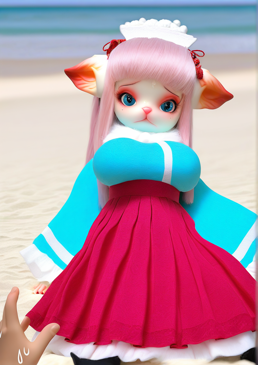 <lora:DOLL_ZONE_furry:1>1girl, huge breasts, Miss Kitty(NY), young girl, animal ears, Ears Down, long hair, blue eyes, pink hair, boots, NewYear DRESS,red skirt, bad hands, beach, blush, breasts, breasts apart, day, looking at viewer, lying, nervous, on back, out of frame, pov, pov hands, pushing down, solo focus, sweat, sweatdrop,
