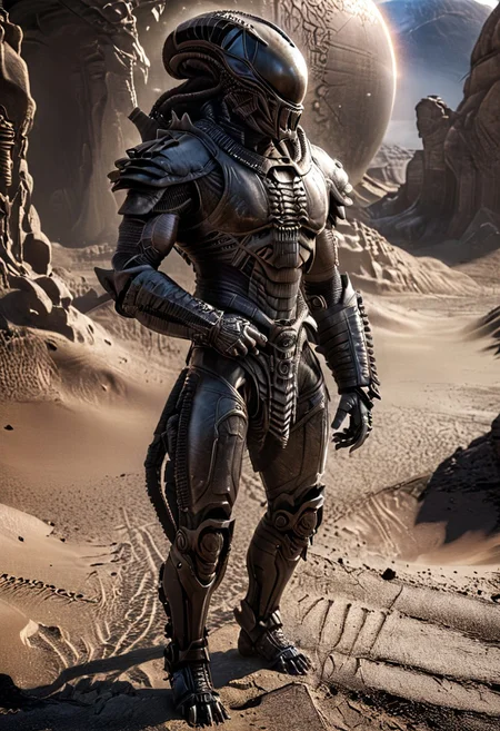 A muscular xenomorph hunter, monster, Ornamental armor, armor, Ornamental chestplate with black silver ancient alien runic ornaments, standing in a desert alone, (fantasy scenery:1.3), full body, intricate details, highly detailed, high resolution, HDR, realistic, dusty sunlight, ray_tracing, sun_flare, cinematic, perfect lighting, (vivid colors:1.3, color full:1.3), ultra detailed 8k cg, (best quality), (masterpiece:1.4), bokeh, depth of field, photorealistic, caustics, perfect shading,(hyperrealistic 3d render),art by hr giger, painting,realism,Americana art,artistic style