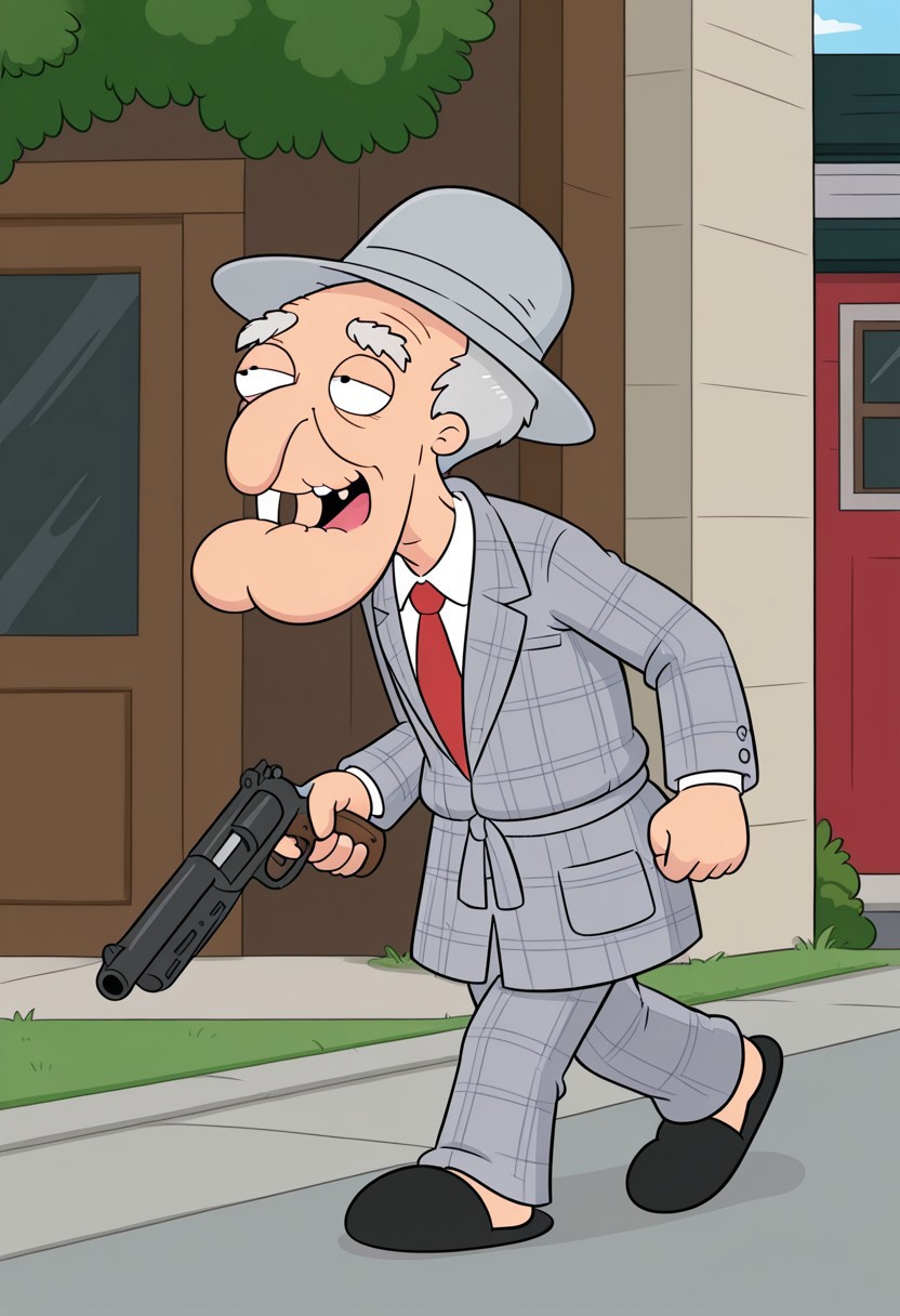 source_cartoon, 2d, hd. thin, , slippers, few teeth, John Herbert, Family Guy Style, large chin with a dimple, long skull, gray-haired, hooked nose, man, old man, black and gray plaid blazer, wearing gray hat, holding a gun, red tie, walking, looking forward, white bell-bottom pants, black shoes, on the street,