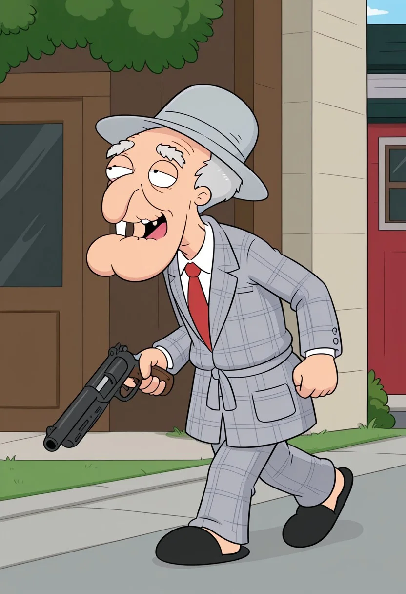 source_cartoon, 2d, hd. thin, , slippers, few teeth, John Herbert, Family Guy Style, large chin with a dimple, long skull, gray-haired, hooked nose, man, old man, black and gray plaid blazer, wearing gray hat, holding a gun, red tie, walking, looking forward, white bell-bottom pants, black shoes, on the street,