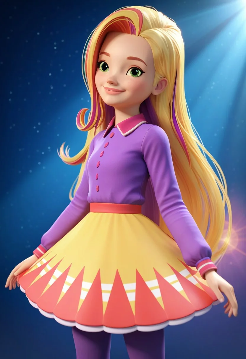 score_9, score_8_up, score_7_up, score_6_up, score_5_up, score_4_up, solo, 3d, graphics rendered by RTX, sidelighting, backlighting, depth of field and lens flare, (style:Generation_6), su_sd, 1girl, long hair, blonde hair, multicolored hair, streaked hair, green eyes, long purple sleeve, skirt, pantyhose, light smile, medium shot, iridescent blue background, cosmic lighting, light rays