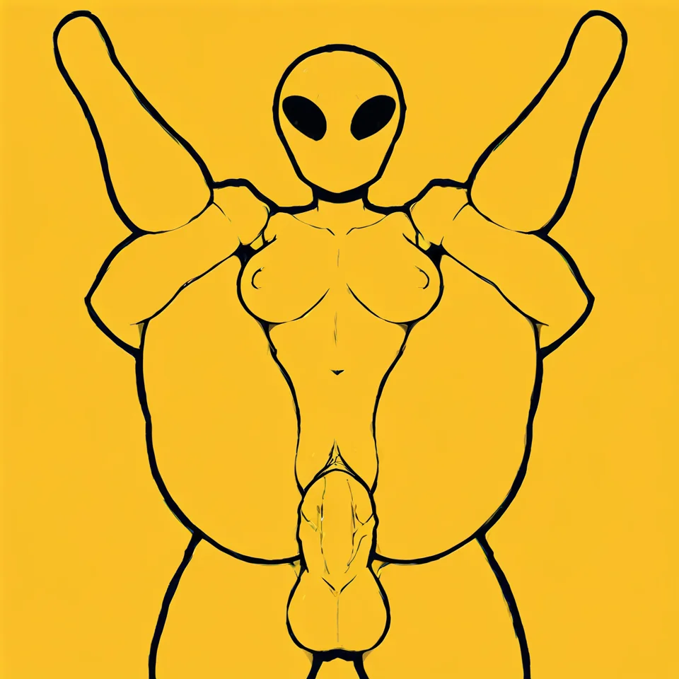 <lora:wrnsignPDXL:1> yellow background, black lineart, yellow body, lineless, flat colors, score_7_up, score_6_up, score_5_up, score_4_up, front view, duo, human on humanoid, full nelson BREAK
humanoid, alien, female, black eyes, mouthless, looking at viewer, breasts, vaginal penetration, erection, penis, male, standing