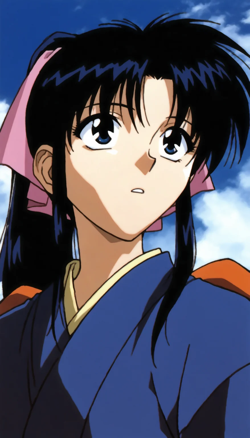masterpiece,best quality,amazing quality,
<lora:kamiyakaoruNAI:1>,kamiyakaoru,
1girl,solo,black hair,bangs,ponytail,pink scrunchie,blue eyes,blue kimono,portrait,looking ahead,parted lips,flowing hair,from below,
outdoors,blue sky,cloud,
depth of field,