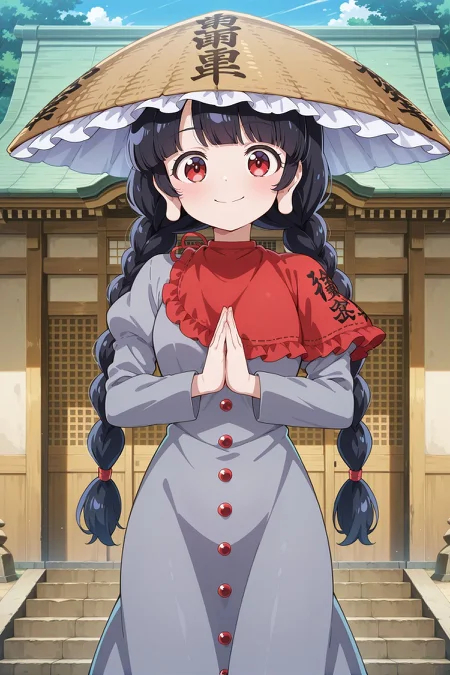 absurdres, highres, masterpiece, best quality, amazing quality, official anime artwork, screencap, anime screencap, smile, dynamic pose,
<lora:Narumi-Yatadera_Illustrious:1> yatadera narumi, 1girl, solo, red eyes, black hair, long hair, twin braids, blunt bangs, long earlobes, small breasts,, brown hat, frilled hat, ajirogasa, red bandana, grey dress, long sleeves, clothes writing, own hands clasped, shrine,