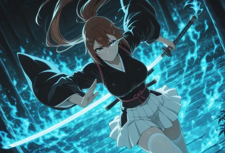 masterpiece, best quality, amazing quality, vslinxbleachtybw style, absurdres, perfect face, detailed face, eye_focus, 4ur4_illu,shiny,
(Girl:0.0), 1girl, cute, attractive, brown hair, long hair, very long hair, high ponytail, bangs, hairclip, grey eyes, ultra-detailed anime eyes, eye trail, large breasts, kimono, dark kimono, Wide sleeves, sash, obi,  white skirt, white knee high stocking, sandals, katana, sheathed,
(Pose:0.0), ((looking at viewer)), fighting stance, windy, dynamic pose, dynamic composition, katana, green flames, blue flames, 
(Emotion:0.0) serious, eyes open, closed mouth, furrowed brow, 
(Scene:0.0), cowboy shot, from front, dutch angle, outdoors, windy, maple tree, maple leaves, scenery, detailed background, depth of field, flame_theme, dark_theme, detailed backgroud, aesthetic,
