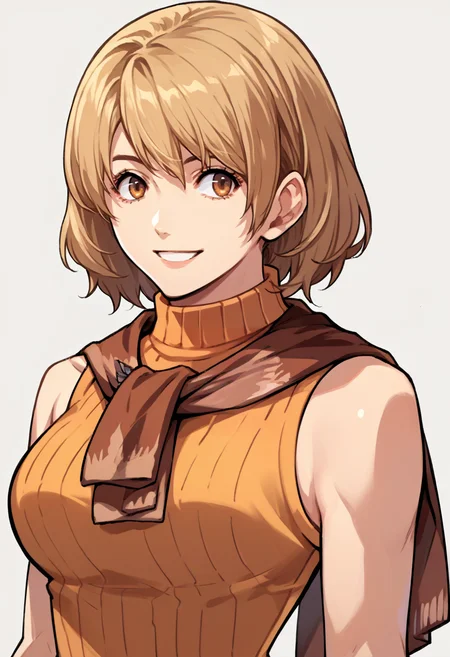 score_9, score_8_up, score_7_up, source_anime, 1girl, smile, <lora:ashleygraham-pdxl-nvwls-v1:1> reAshley, brown eyes, bangs, red scarf, orange sweater, sleeveless turtleneck, medium breasts, <lora:zs_ZeroAzurePortraitsXL:1> zeroazureportraits, solo, upper body, simple background, upper body