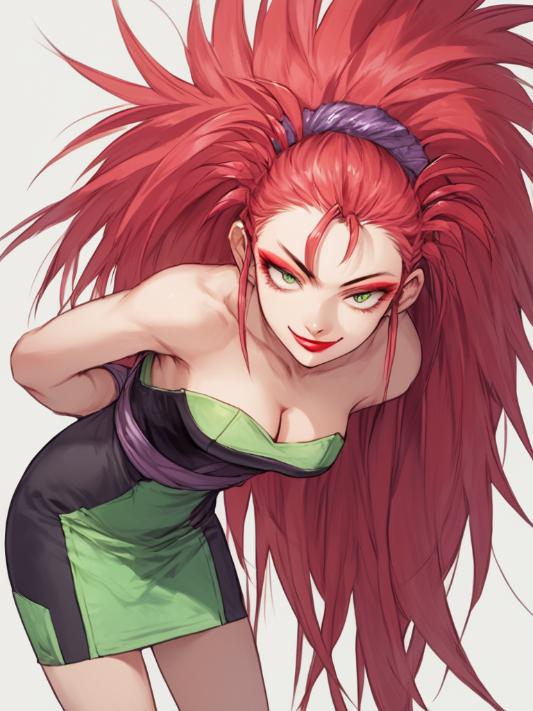 score_7_up, score_8_up, score_9, masterpiece, perfect face, high quality, source_anime, (1girl, solo,) <lora:Washu_-_Tenchi_Muyo:1>washu, green eyes, long hair, red hair, spiked hair, hair pulled back, happy, cowboy shot, hands behind back, smirk, confident, naughty face, micro dress, strapless, bare shoulders, cleavage, bent over, lipstick, makeup,