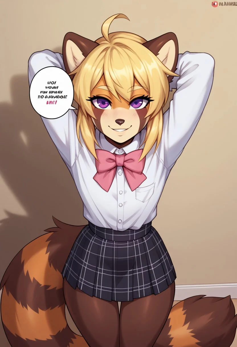 drawpanther_style,score_8_up, score_7_up, solo, foxacuwaku, red panda,1boy, femboy, long blonde hair, purple eyes, slim waist, wide hips, multicolored skin, brown tail, yellow face, BREAK,cute, sunny day, white shirt, pink bow tie, black plaid skirt, looking at the viewer, hands behind his back, wide smile,above the head speech piece, he says: "Anton, you are the best artist!!!"