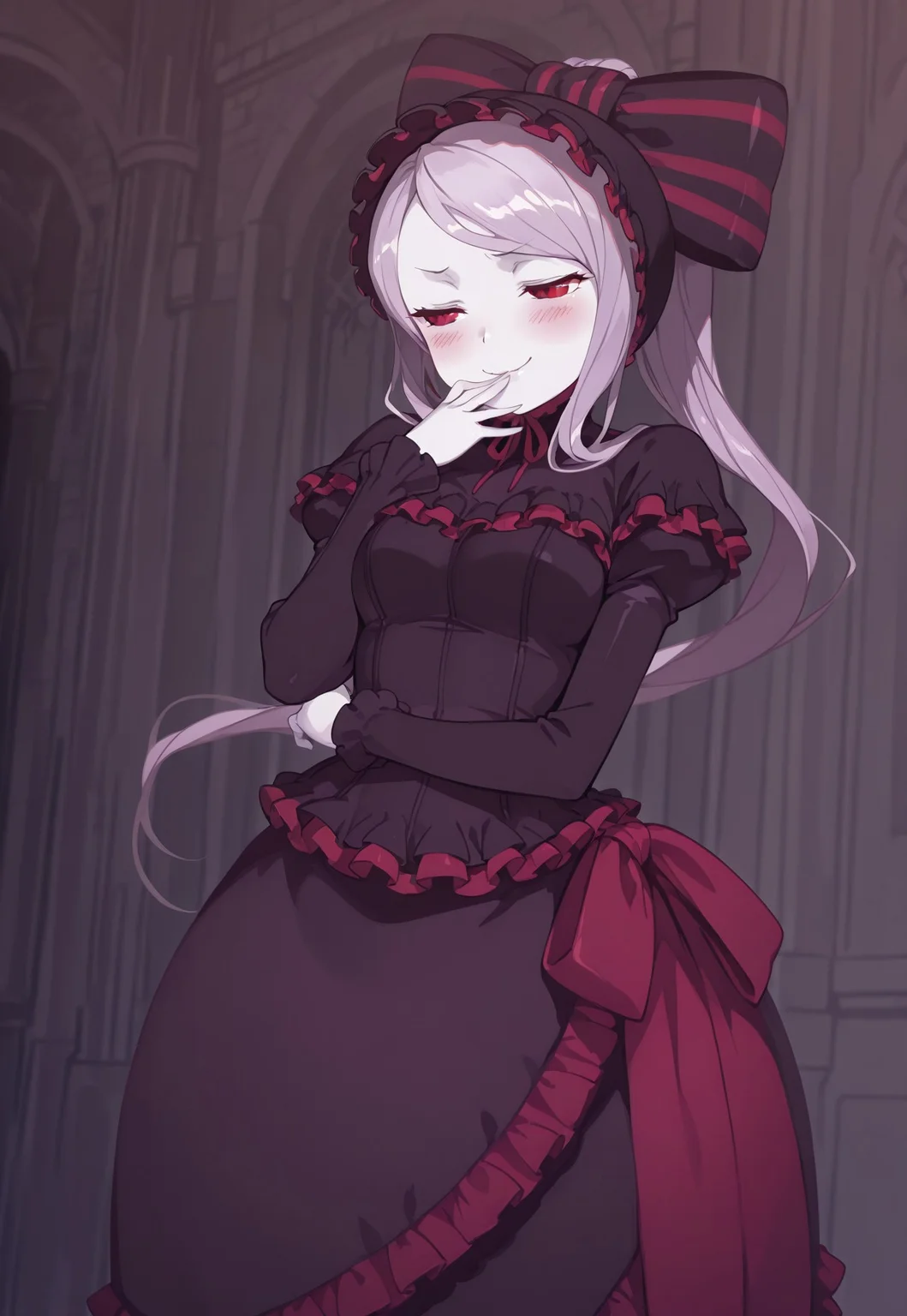 safe_pos, masterpiece, best quality, typ0, (((1girl))), solo,
((illushalltear, pale skin, red eyes, long hair, ponytail, hair bow, bonnet, black dress, long sleeves, frilled dress,))
blush, dynamic pose, smug, ojou sama pose,
indoors, castle corridor background, day time,