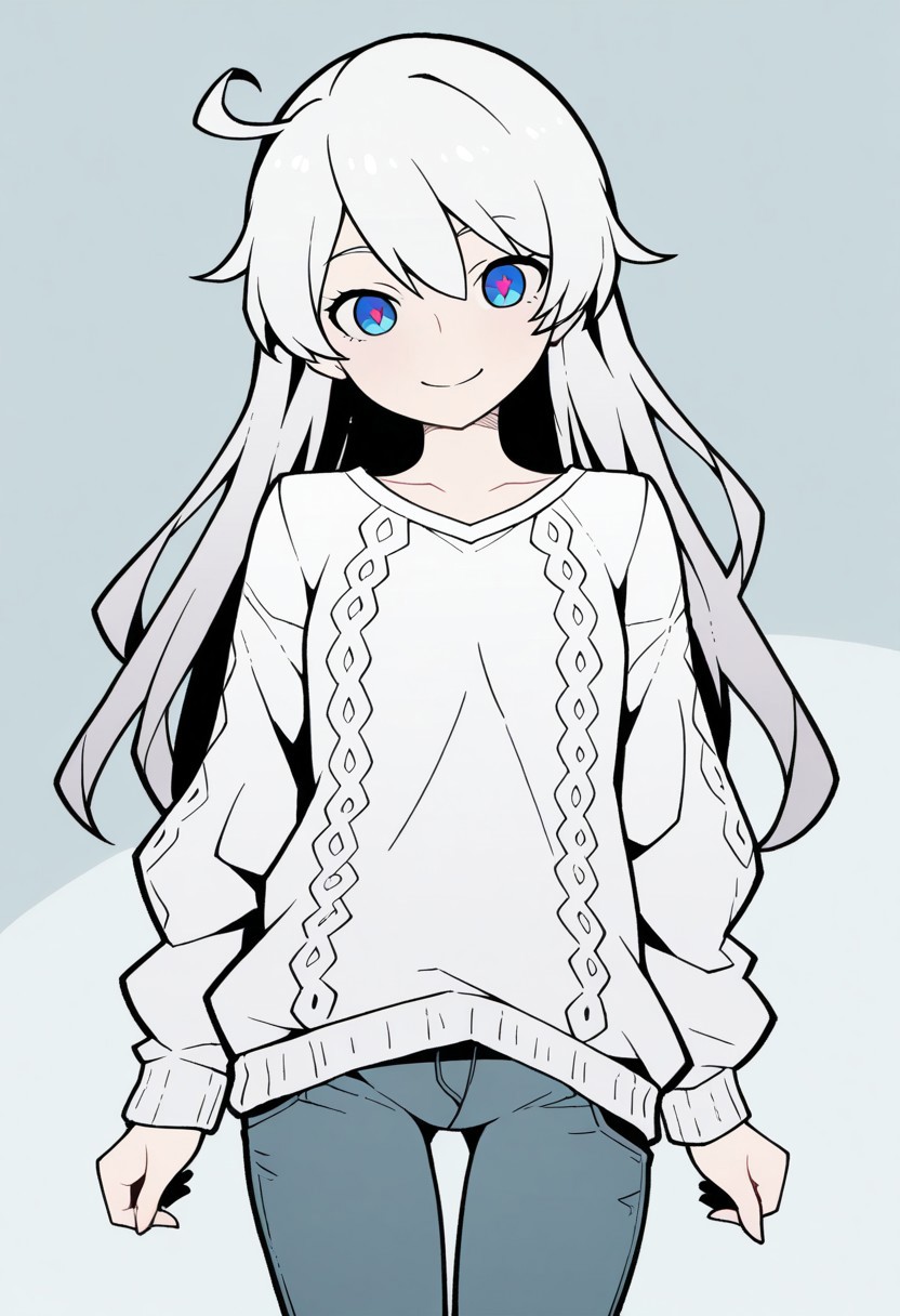 masterpiece,best quality,amazing quality, very aesthetic,kiana kaslana,white hair,solo,add detailed eyes,blue eyes,dressed,happy,long hair,roll-up sweater,jeans,AkablStyle, AkablStyle, flat_color