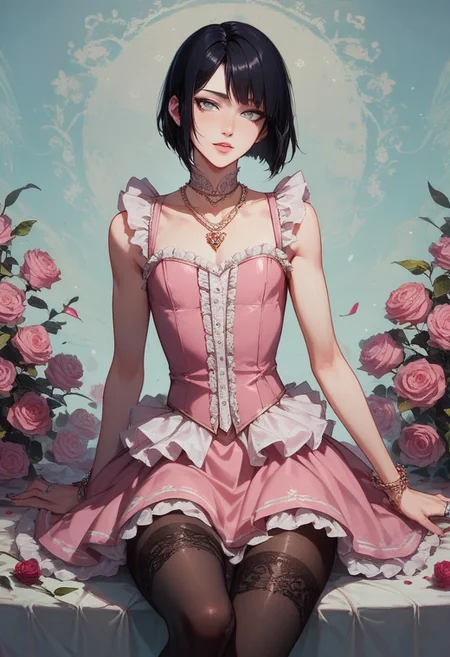 score_9, score_8_up, score_7_up, 1boy, femboy, otoko no ko, short hair, bob cut hair, black hair, grey eyes, gray eyes, feminine face, toned body, Shelly, pantyhose, ruffles, pink rose, thighhighs, flowers, rose corsage, sleeveless, necklace, jewelry, bracelet, pink dress, rose, ring, pink frilly dress, flower, lace trim, frilled dress, highly detailed, intricate, zzCitronCAT, flirty expression, sitting back, leaning back, legs crossed, hands in lap, looking at viewer, cowboy shot, modelshoot, abstract background, solo