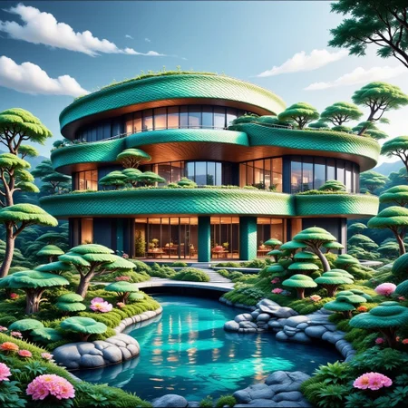 A building with a sn4k3 design with a pond, trees and flowers around. *Channel_42*