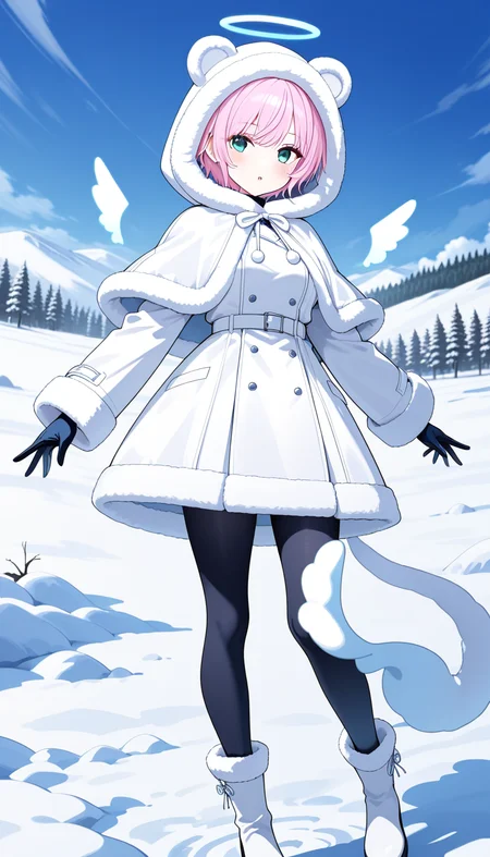 masterpiece, best quality, very aesthetic, absurdres,
solo, 1girl,
nijiriri, blue eyes, green eyes, pink hair, short hair,
halo, hood, fur trim, animal hood, winter clothes, white coat, gloves, fur-trimmed hood, fur-trimmed coat, pantyhose, fur-trimmed- sleeves, fur-trimmed capelet, fur-trimmed boots,