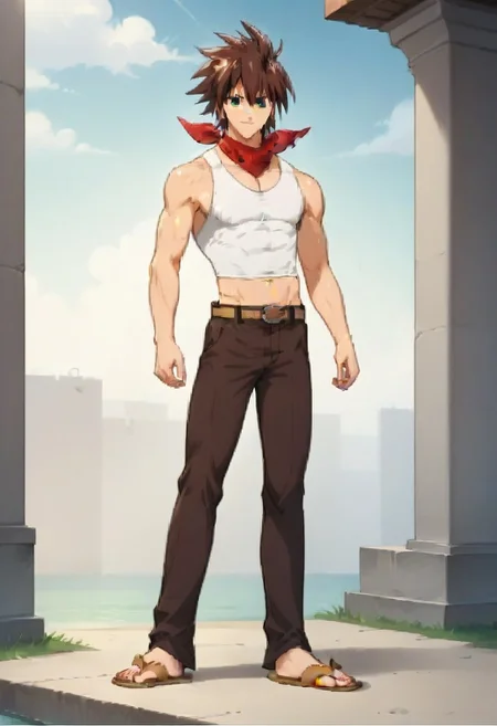 ((masterpiece)), ((best quality)), ((ultra-detailed)), score_9_up, score_8_up, score_7_up, HD, top quality, best quality, High-quality illustrations, anime screencap, perfect anatomy, 1male, 1boy, solo male, male focus, anime, anime boy, male anime character, handsome, attractive, cute, tall, tall body, tall height, ((tall body, tall height, slim body, slender body)), Momou Inugami, brown hair, spiky hair, blue right eye, green left eye, white tank top, neck red bandana, midriff, belt, brown pants, slippers, full body shot, head to feet shot, Details extra++