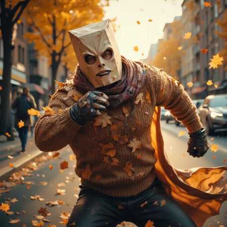 Create a hyper-realistic, professional-quality photo of a dynamic shot of a man dressed as an autumn-themed superhero, but with a comically low-budget costume. His outfit is a mix of poorly assembled fall elements—think leaves haphazardly glued to a simple brown sweater, mismatched gloves, and a cape made from an old plaid scarf. His mask is crafted from a cut-out paper bag with eyeholes. The man is in mid-action, landing a dramatic punch, his face full of exaggerated determination. Around him, fallen leaves swirl, emphasizing the 'heroic' punch, while the backdrop features a city street or park bathed in warm, autumnal colors. The overall tone is playful, capturing the quirky enthusiasm of an unlikely hero giving it his best shot despite his homemade attire,RPG Style, aidmaMJ6.1